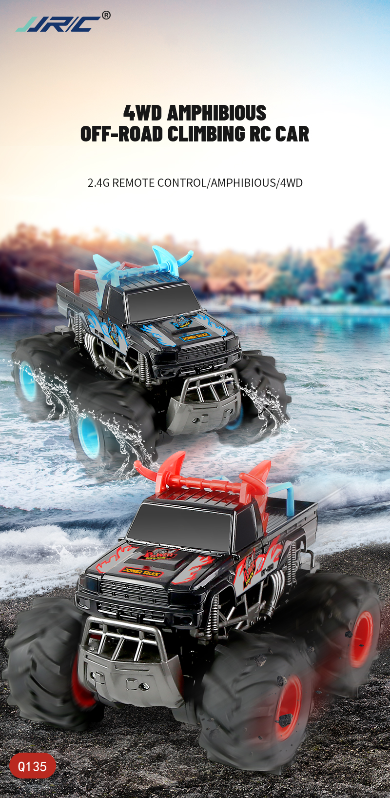 JJRC Q135 RC Car 2.4G 4WD Amphibious Off-Road Climbing Desert Pull High Speed Stunt Car All Terrain Controlled Toys RTR For Kids